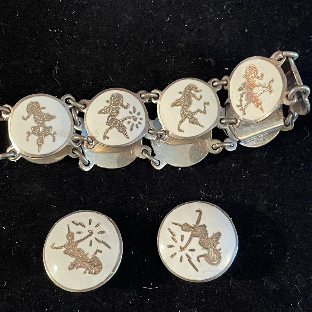 Vintage Siam Sterling White Enamel Jewelry Set. Bracelet & Clip On Earrings.